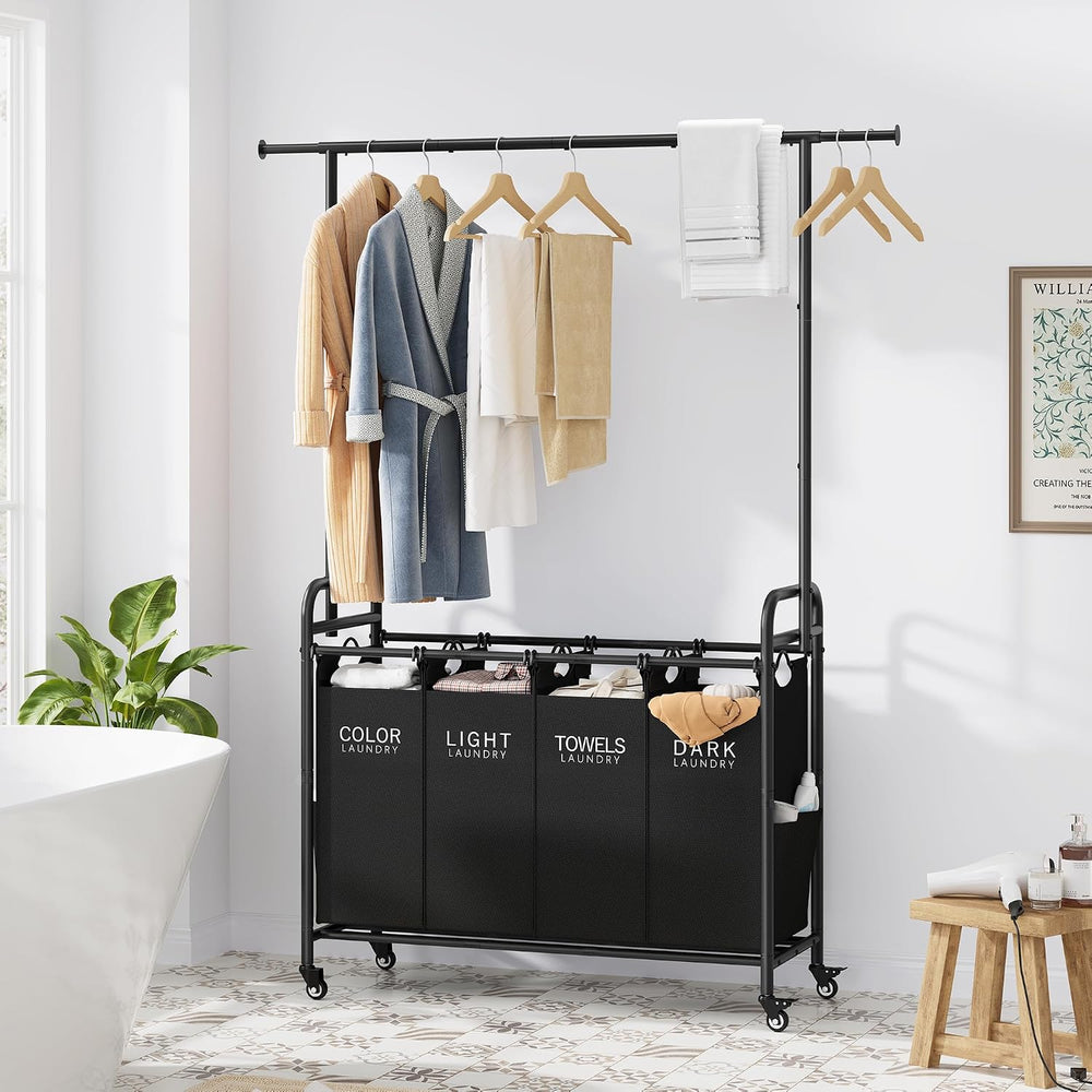 Tajsoon Laundry Sorter with Hanging Bar, 4 Section Laundry Hamper, Black