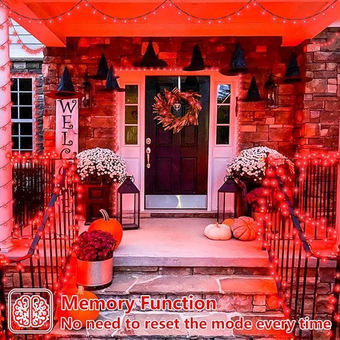 YEGUO 66ft 200 LED Red Halloween Lights Outdoor Waterproof, Green Wire Christ...
