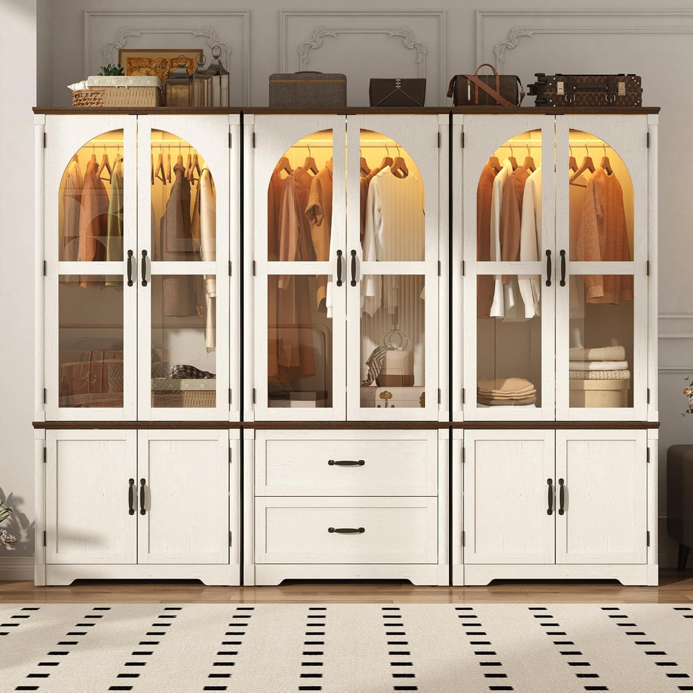 Tall Farmhouse 6 Doors Armoire Wardrobe Closet with LED ,72" Freestandin...