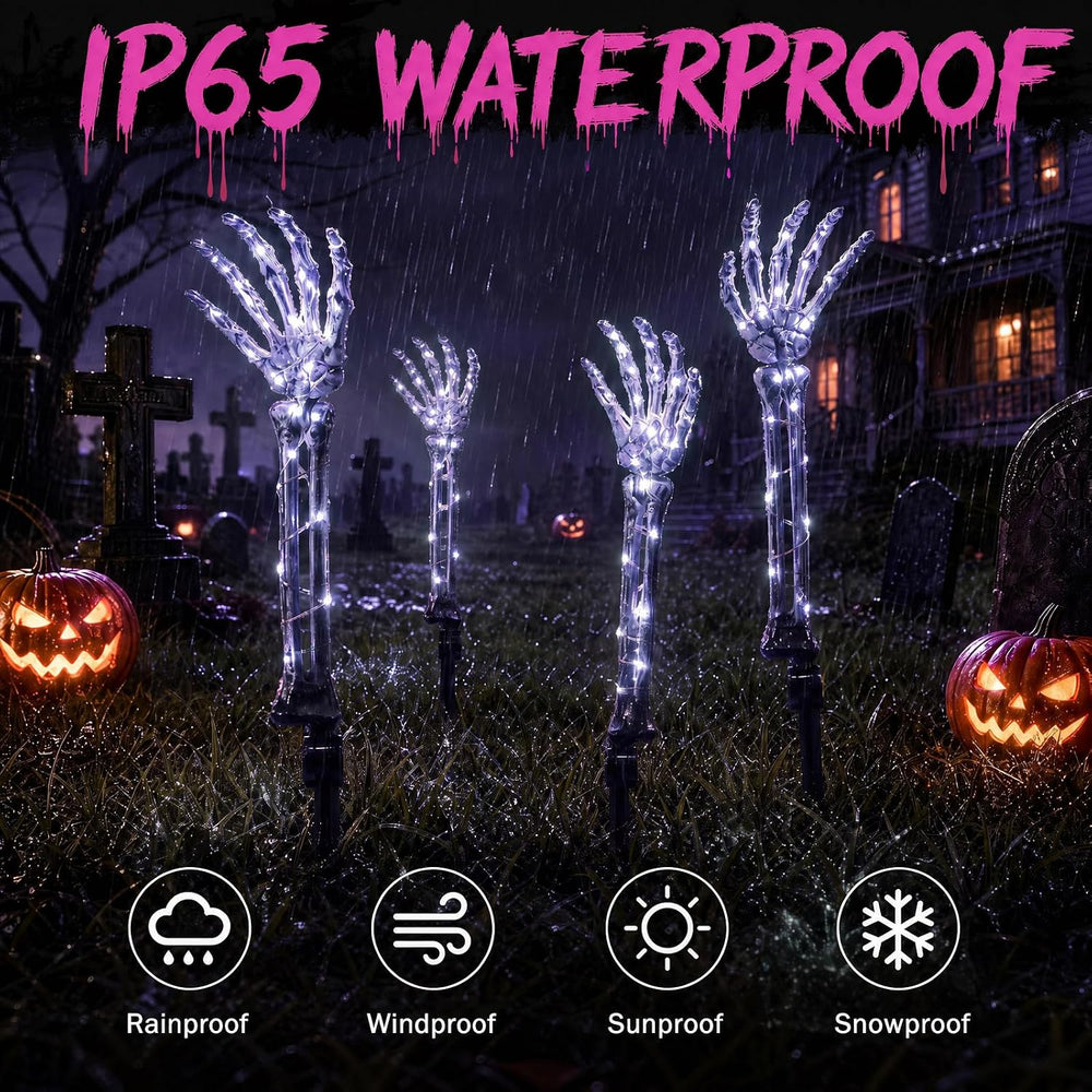 Halloween Skeleton Arm Stakes 4‑Pack, 160 White LED Battery‑Powered Lights