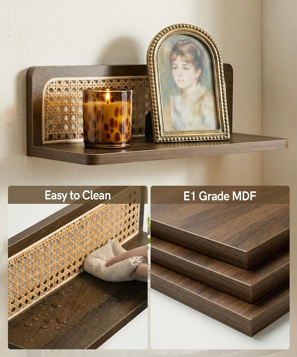 Walnut Rattan Wall Shelf, Mid Century Modern Floating Shelves, MCM