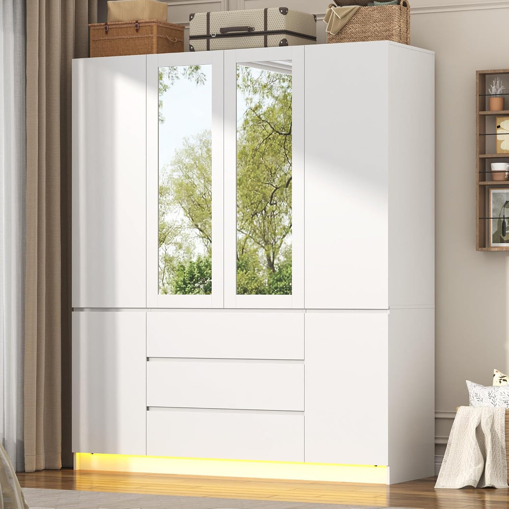4 Doors Armoire Wooden Wardrobe Closet with 3 Drawers & 2 Mirror, 75"...