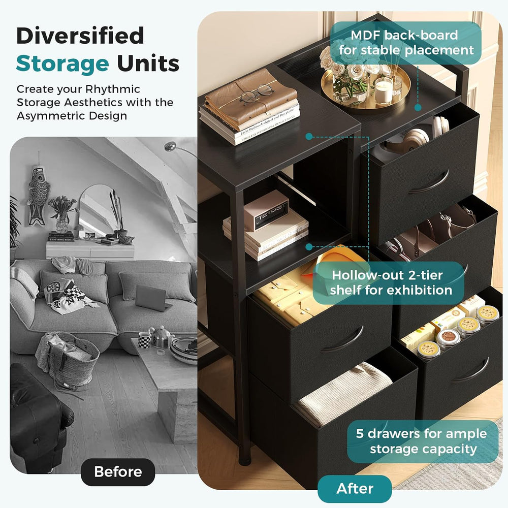 OLIXIS Fabric Dresser, 5 Drawer Storage Tower with Open Shelf, Black