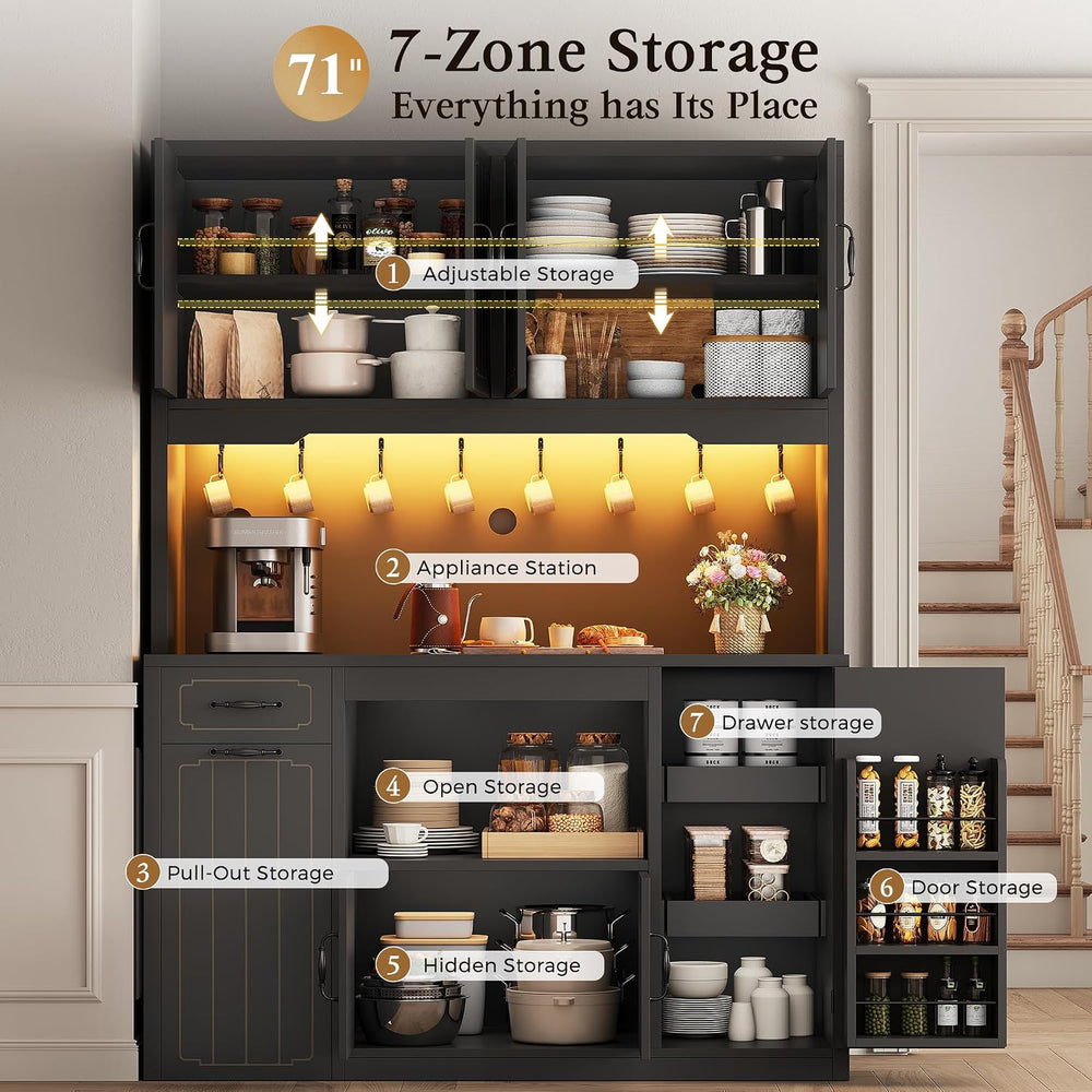 Fluted Kitchen Pantry Cabinet with Charging Station & LED Light, 47"...