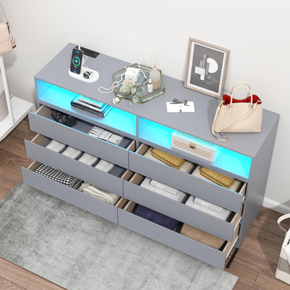Gyfimoie Grey 6-Drawer Dresser for Bedroom w/Power Outlet and LED Light