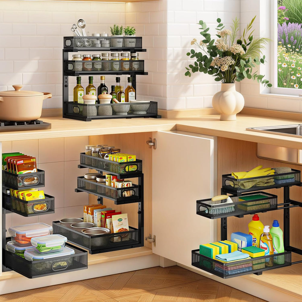 Under Sink Organizer 3 Tier, 2 Pack L-Shaped Pull-Out Cabinet Organizer with ...
