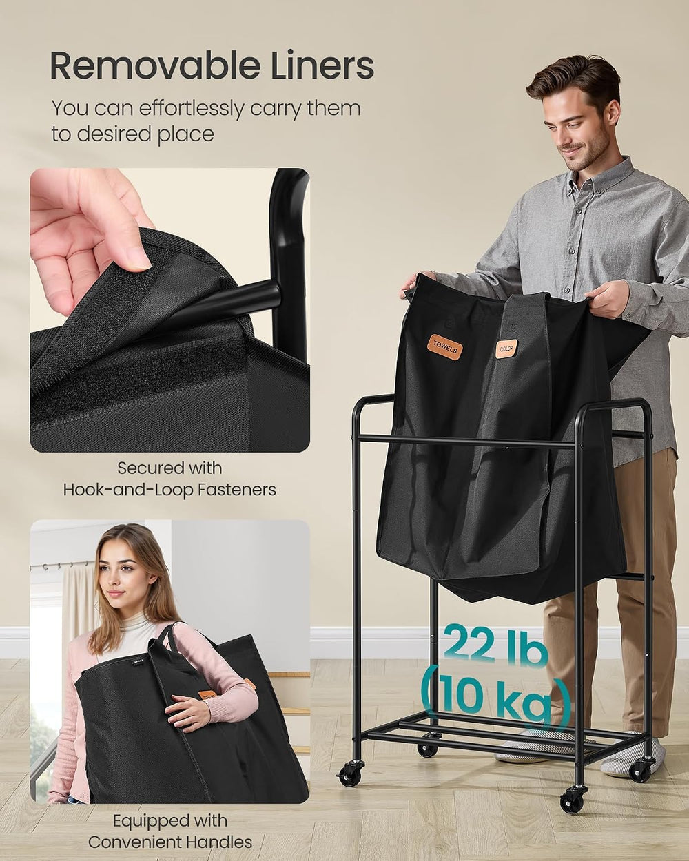 SONGMICS 2-Section Laundry Sorter, with Wheels, Removable Bags