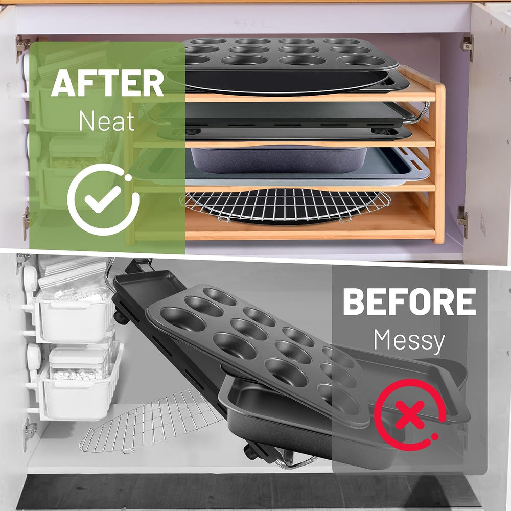 Cookie Sheet Organizer for Cabinet, 4 Tier Bamboo Baking Sheet Organizer