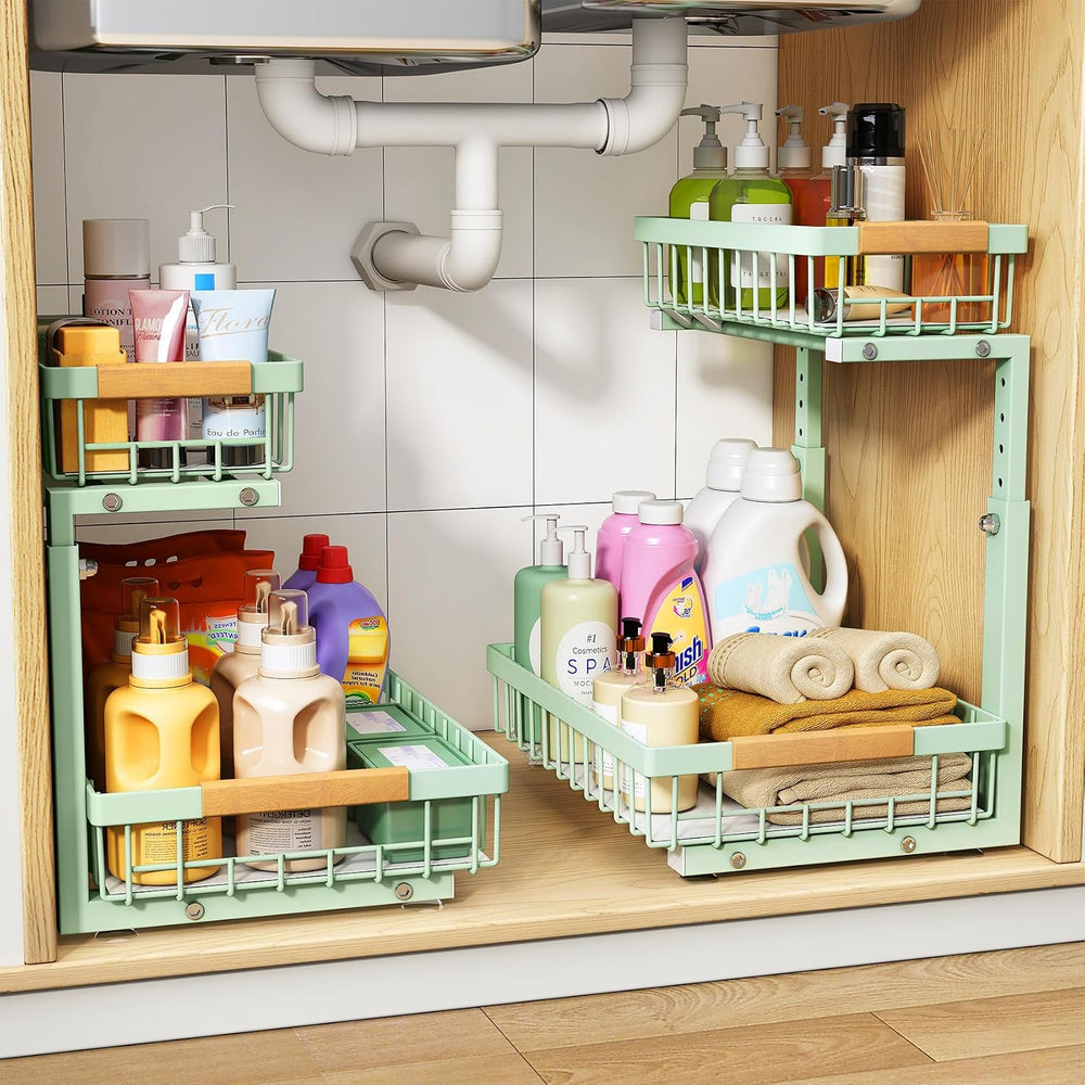 PXRACK Under Sink Organizer, Adjustable Height, 2 Tier Pull Out Under Cabinet...