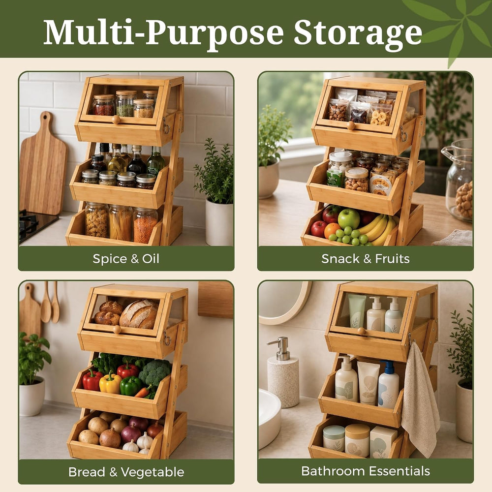 3-Tier Bamboo Basket with Preassembled Drawers, Acrylic Cover & Banana Ho...