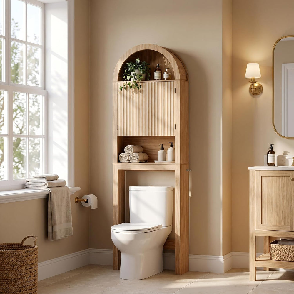 Arched Over The Toilet Storage Cabinet with Fluted Doors, Natural