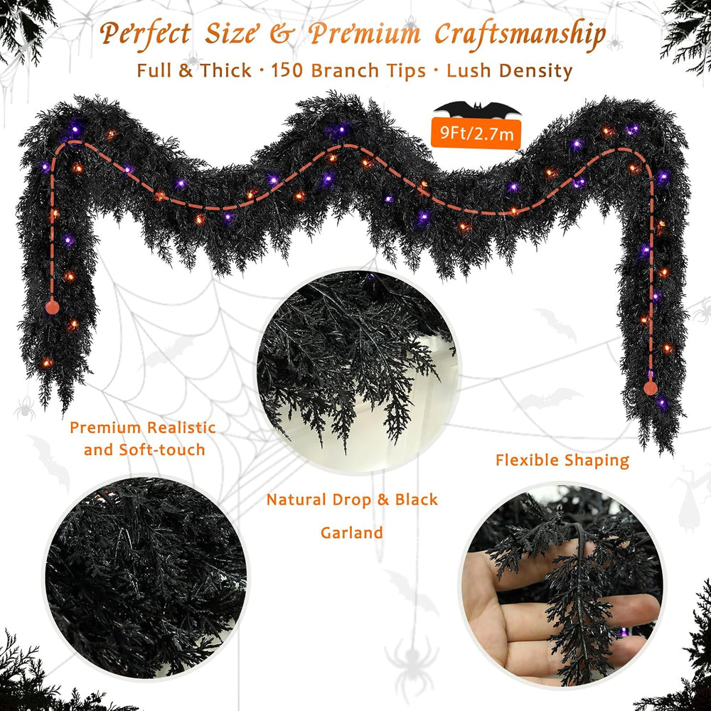 9ft Black Cedar Halloween Garland for Mantle, Soft Touch with Timer Lights