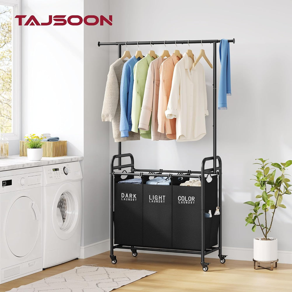 Tajsoon Laundry Sorter with Hanging Bar, 3 Section Laundry Hamper, Black