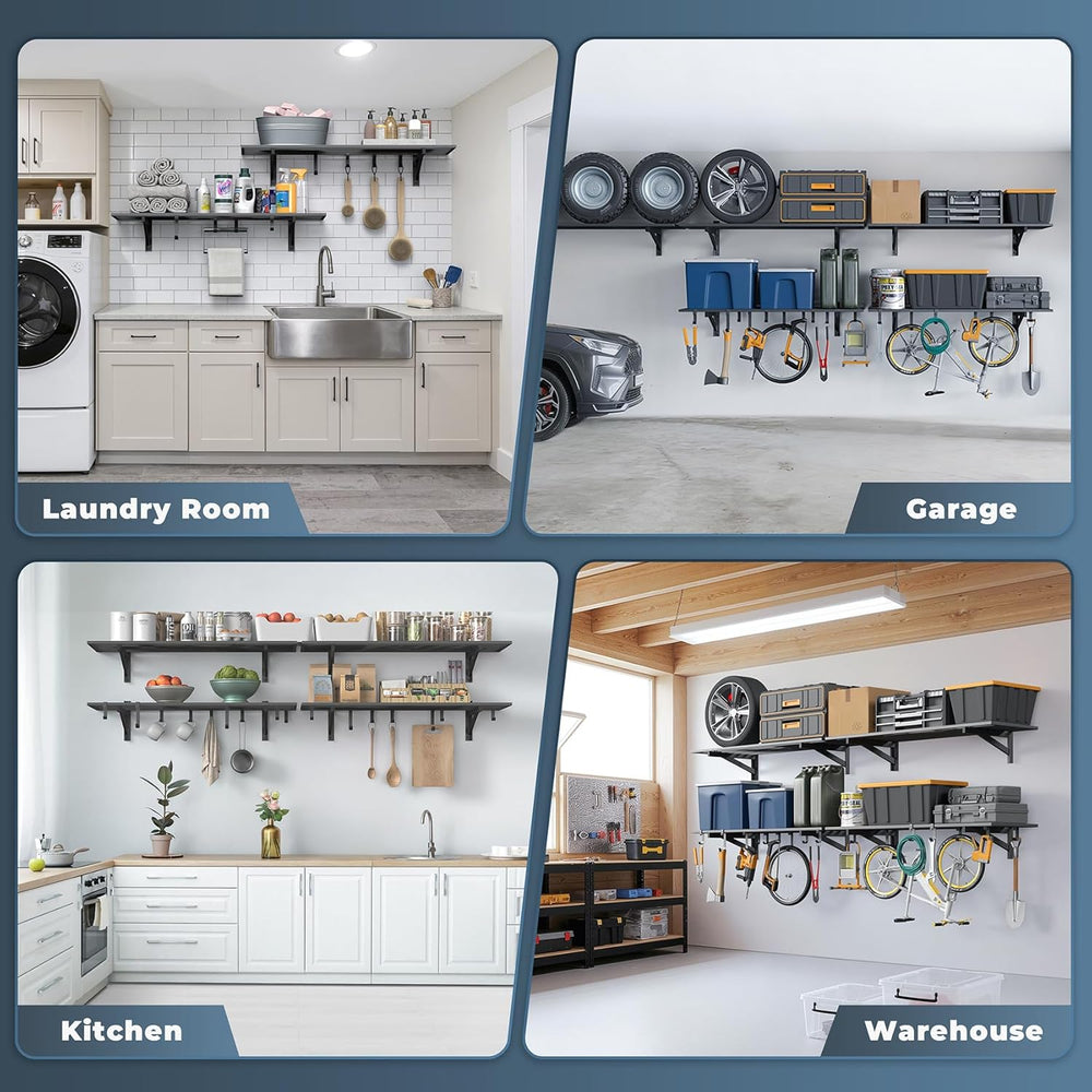 Jusgym 4 Pack Garage Shelving Wall Mounted with 16 Hooks, 1.5x4ft, 1000lbs