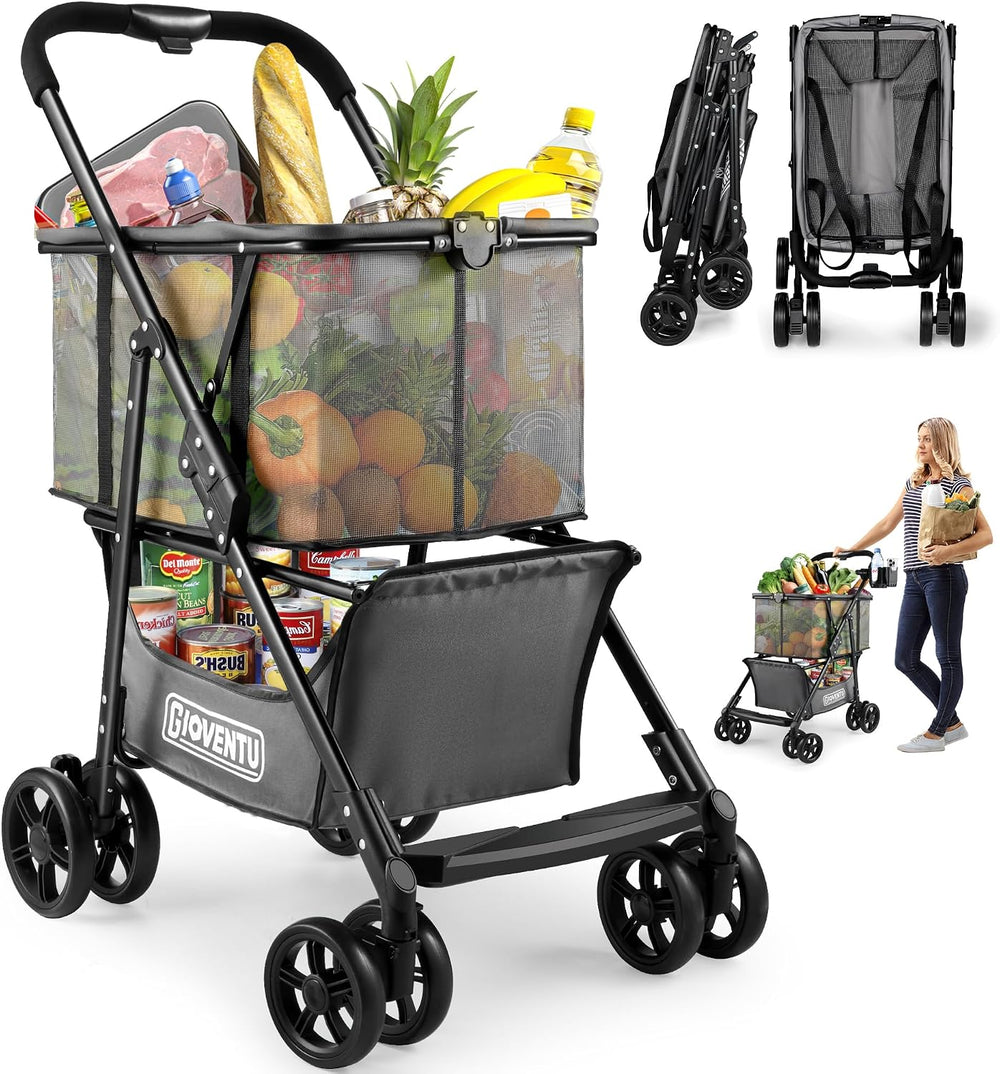 Folding Shopping Cart for Groceries, 80lbs Collapsible Stroller Cart