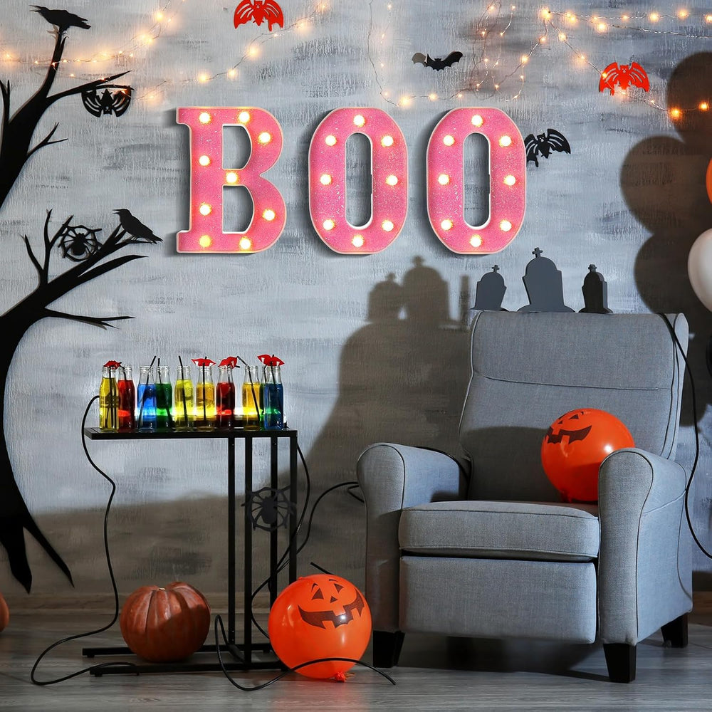Baquler 3 Pcs Halloween Boo Sign Light up Marquee LED Letters,Pink