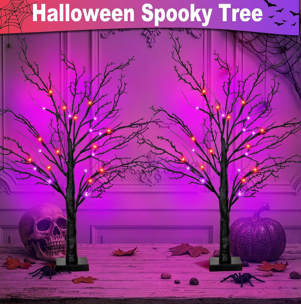 2 Pack 24 Inch Spooky Black Halloween Tree Decorations for Indoor Home Table,...