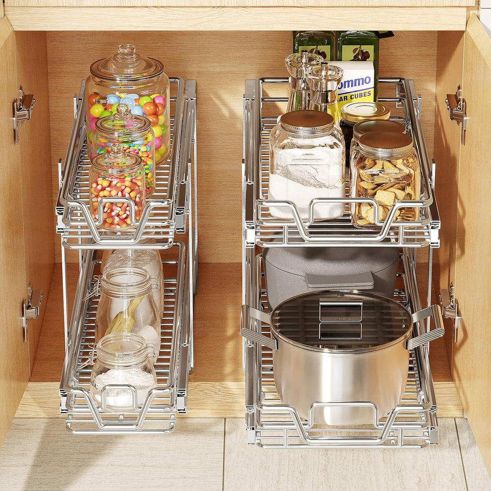 2-Tier Kitchen Cabinet Pull Out Shelf and Drawer Organizer Slide Out Pantry S...