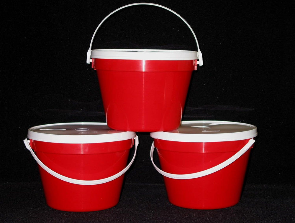 3 One Gallon Red Plastic Buckets & Lids.