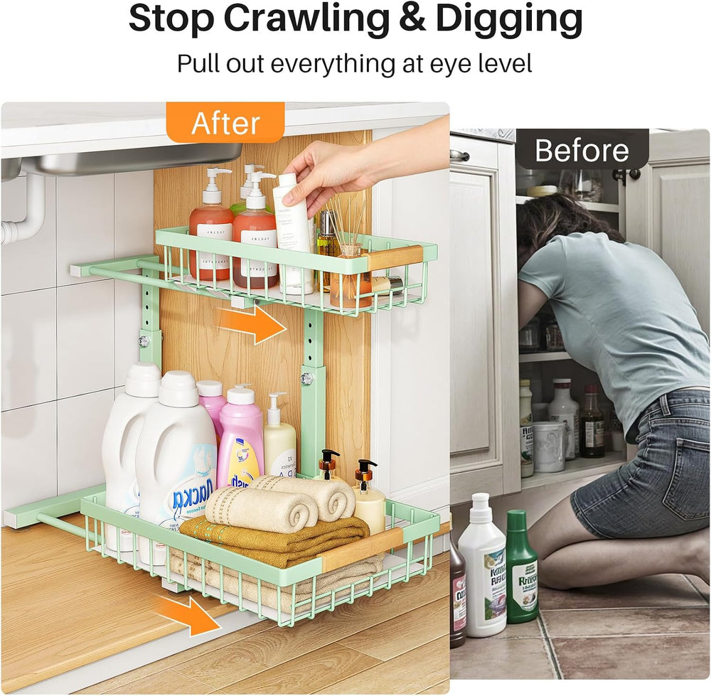 PXRACK Under Sink Organizer, Adjustable Height, 2 Tier Pull Out Under Cabinet...