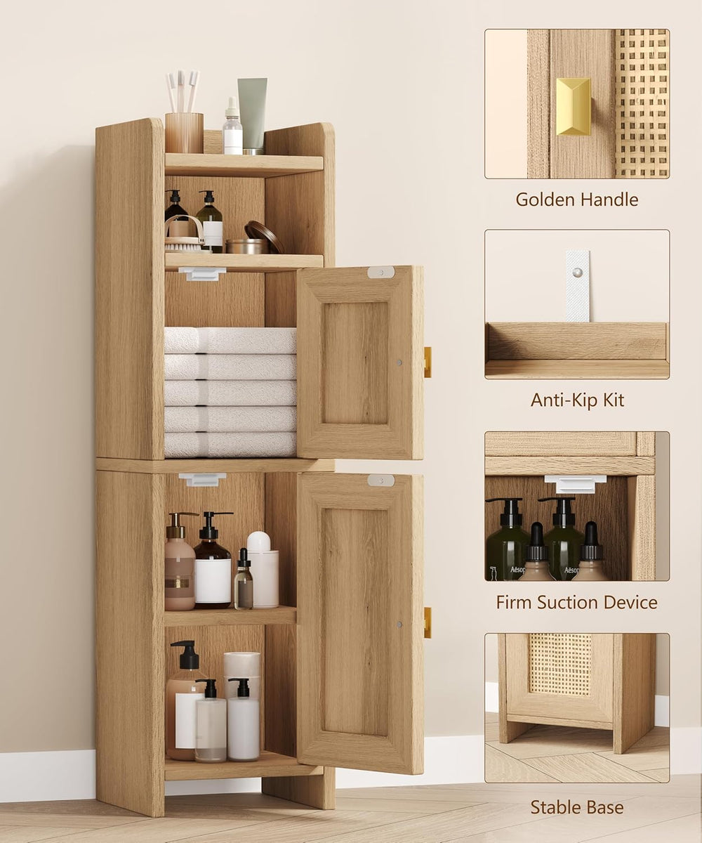 Akxomel Rattan Small Bathroom Cabinet with Open Shelf Wooden Floor Unit