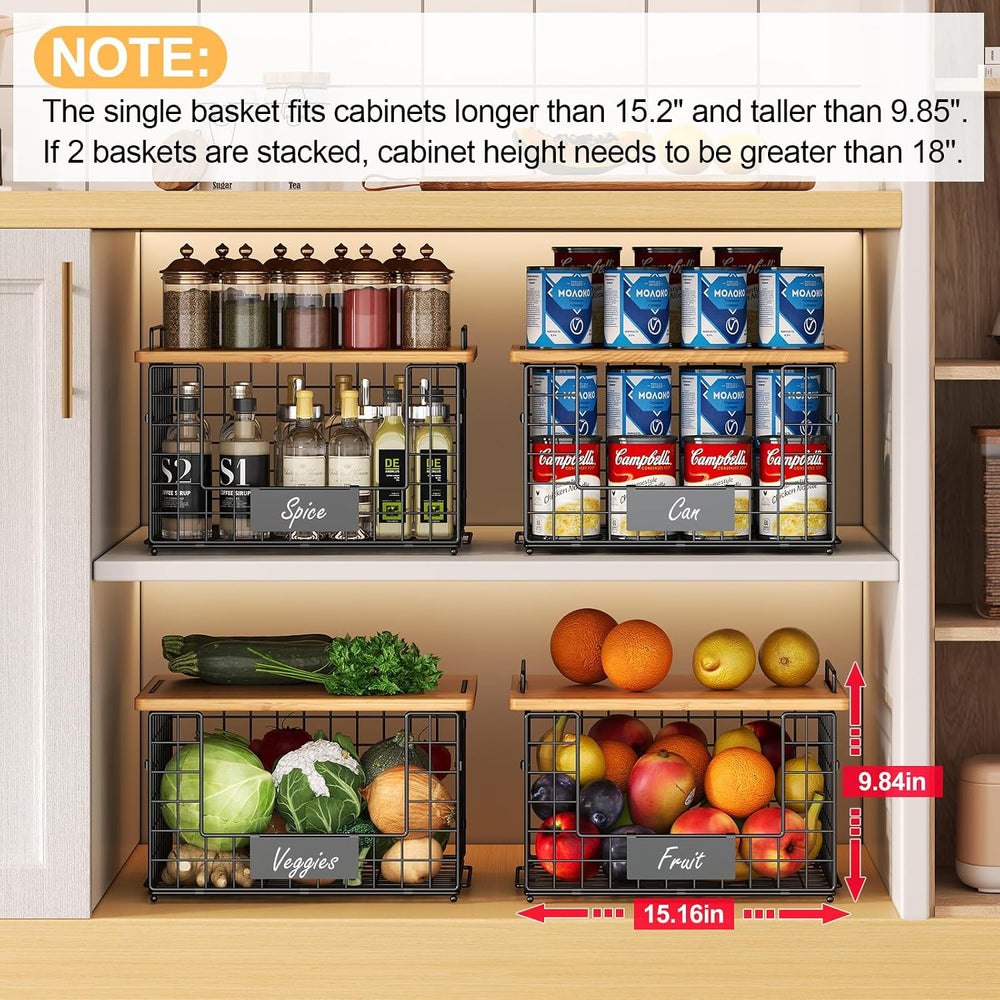 2 Pack Stackable Wire Baskets with Bamboo Top,Pantry Organizers Counter