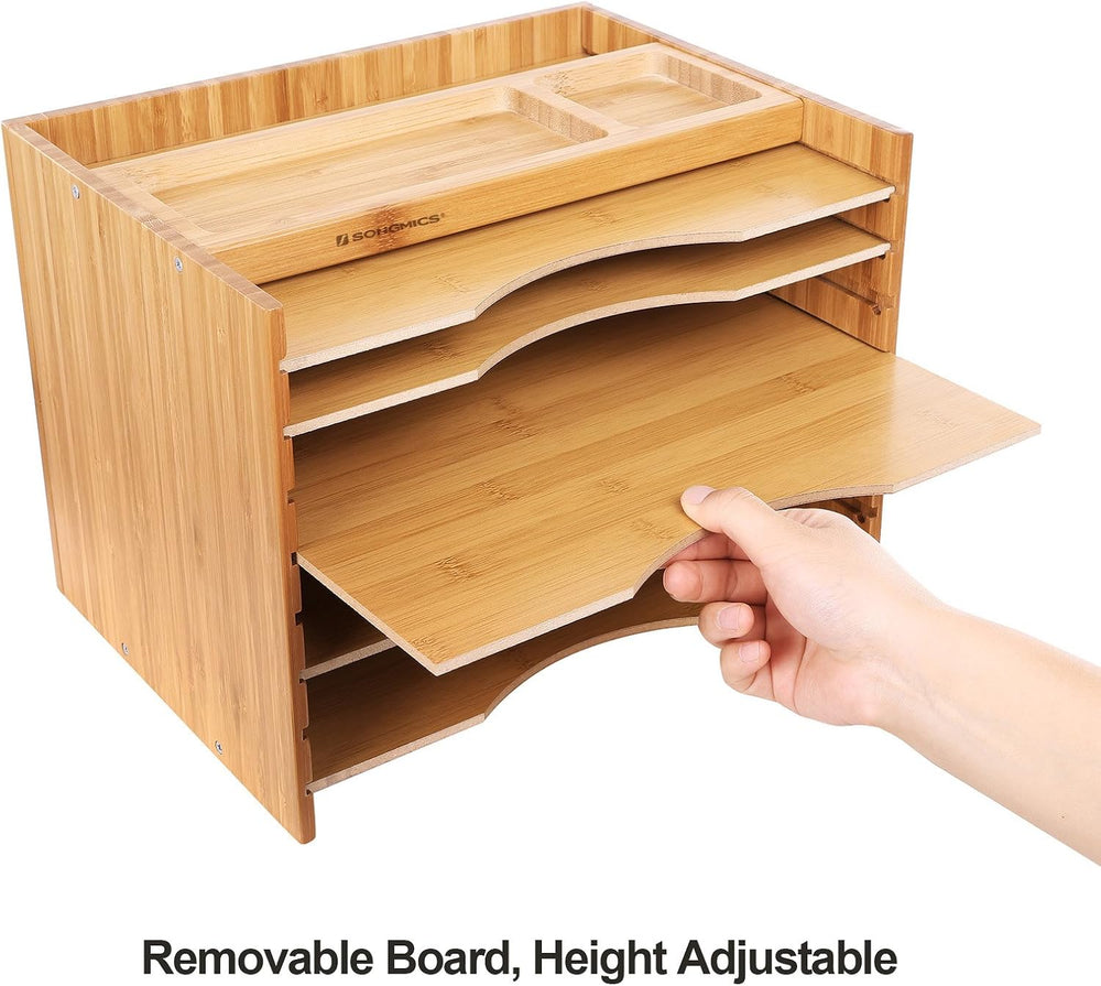 SONGMICS Bamboo File Organizer, Paper Sorter, 5 Adjustable Shelves