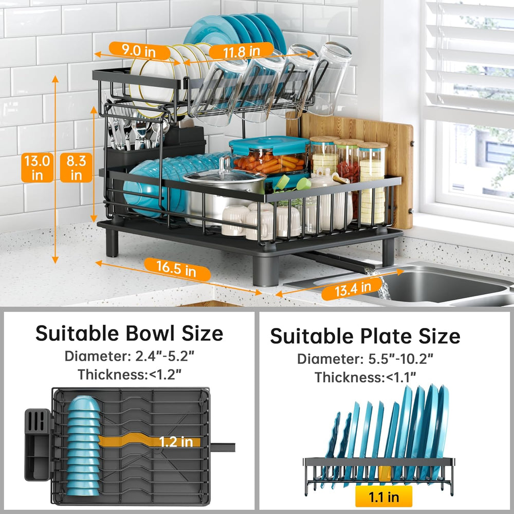 2 Tier Large Detachable Dish Drying Rack for Kitchen Counter,Black