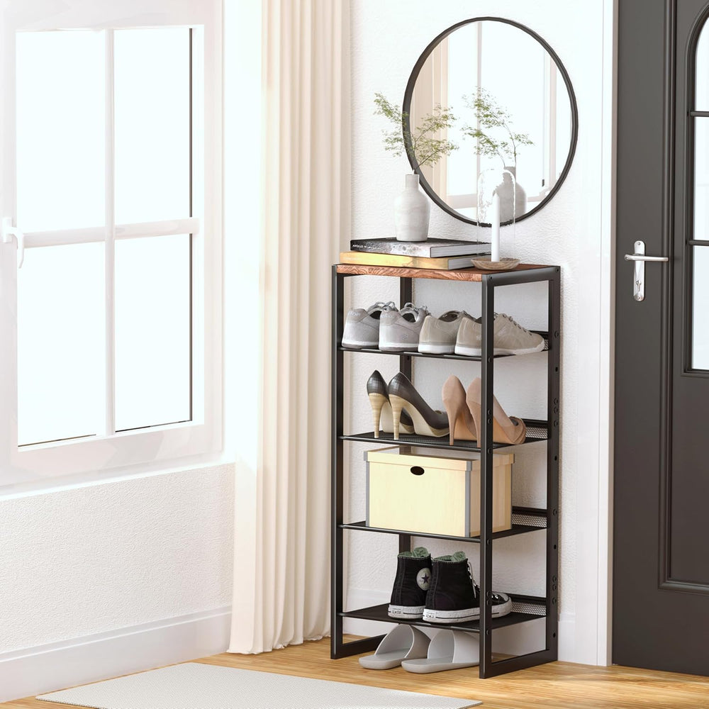 CHEMPFR Narrow 5-Tier Shoe Rack, Slim Space-Saving Shelf with Decorative Wood...