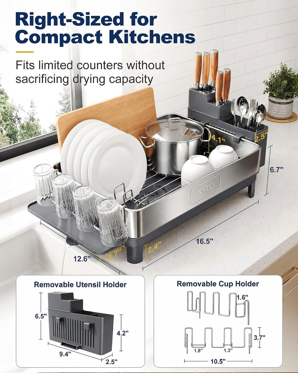 SNTD 304 Stainless Steel Dish Drying Rack for Small Kitchen Counter, Grey