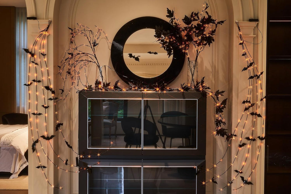 Birchlitland Halloween Black Maple Garland with Lights Timer 48 LED Orange an...