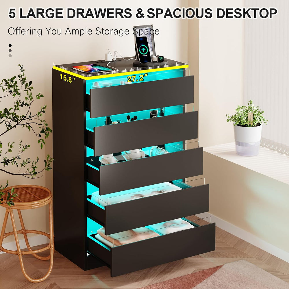 Tall Black Dresser with Power Outlets & LED Lights, 5 Drawer Tall Dresser...