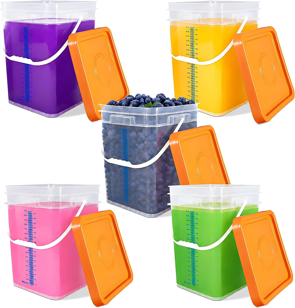 5 Pack 5 Gallon Square Plastic Bucket with Lids and Graduation Marks, Food Gr...