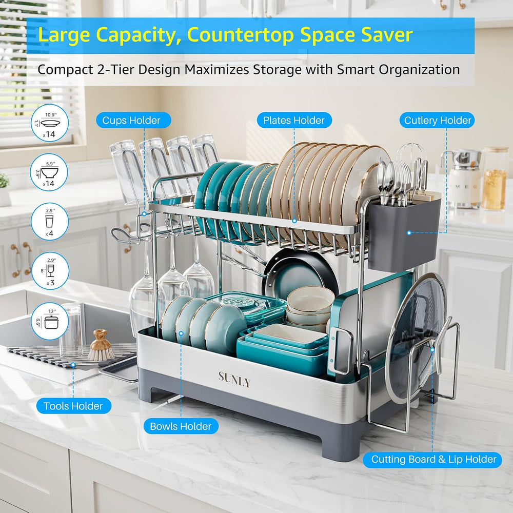 SUNLY Large Dish Drying Rack, Multipurpose 2 Tier Dish Racks for Kitchen Coun...