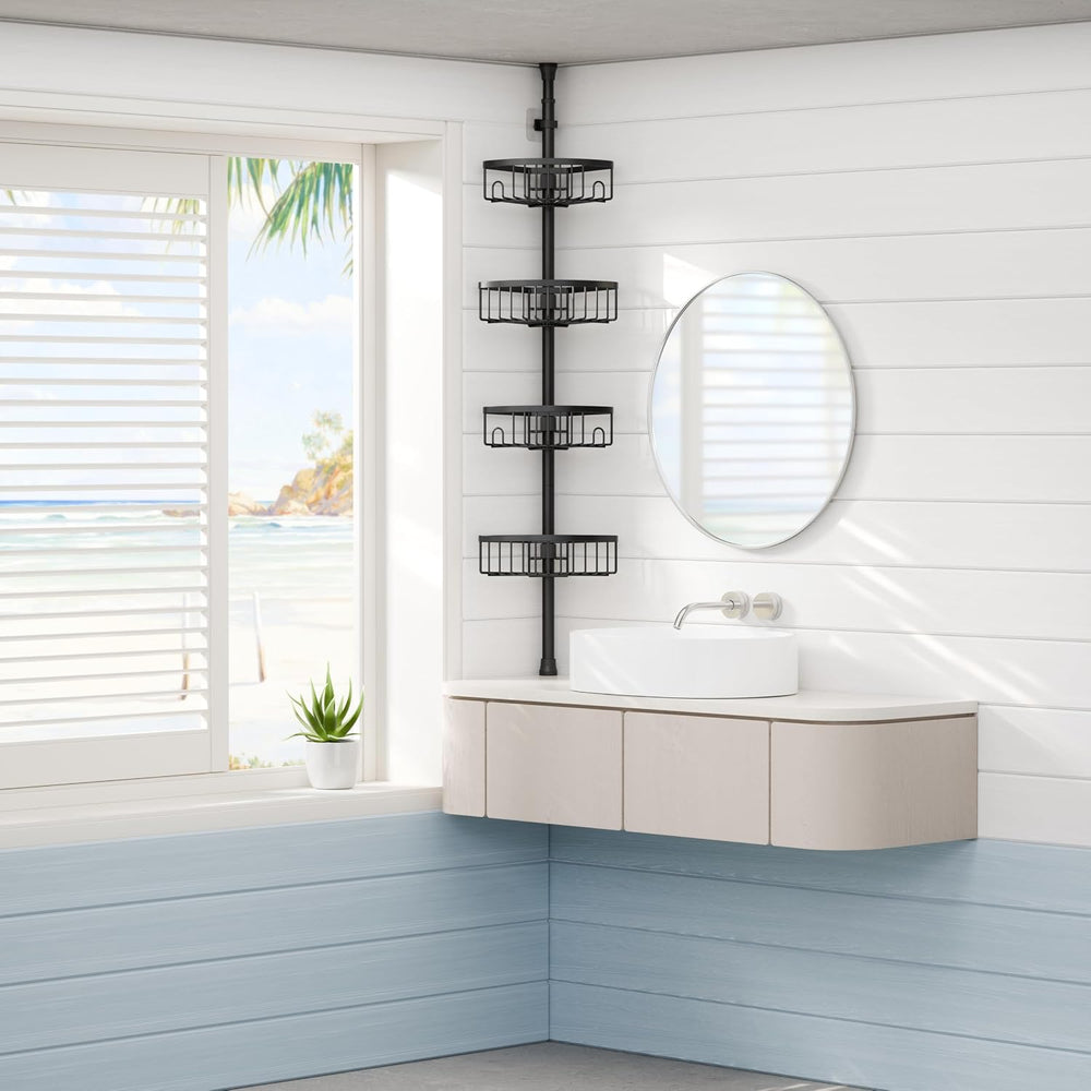 TOOLF 4 Tier Tension Pole Shower Caddy, 12 Adjustable Heights, Flat Black