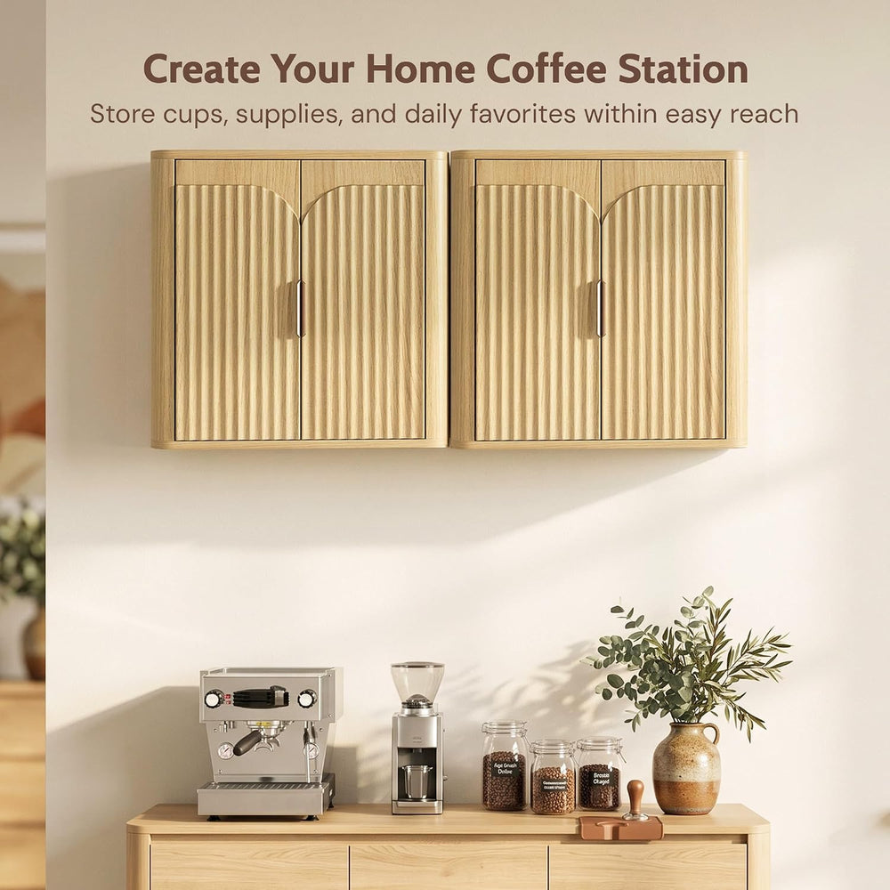 Fluted Bathroom Wall Cabinet with 2 Doors, 3-Tier Wood Wall Mounted Medicine ...