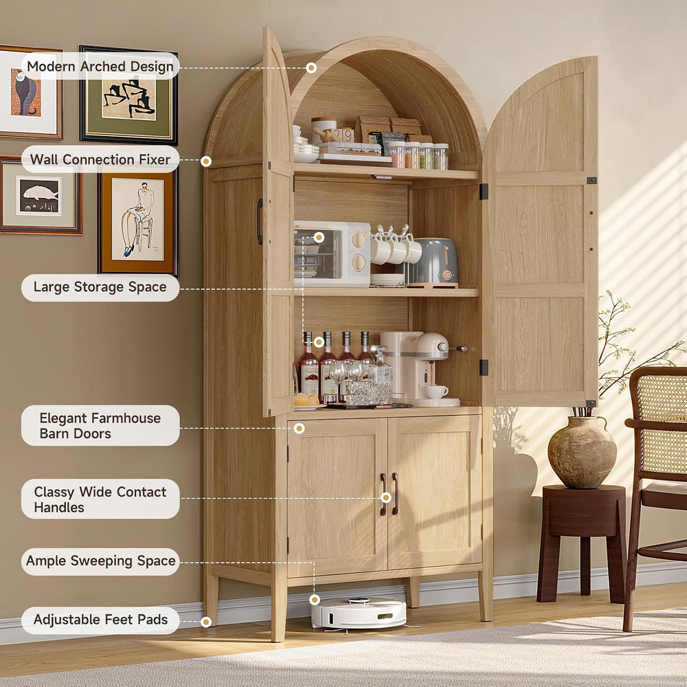 71" Tall 5-Tier Arched Cabinet, Arched Kitchen Pantry Cabinet Oak
