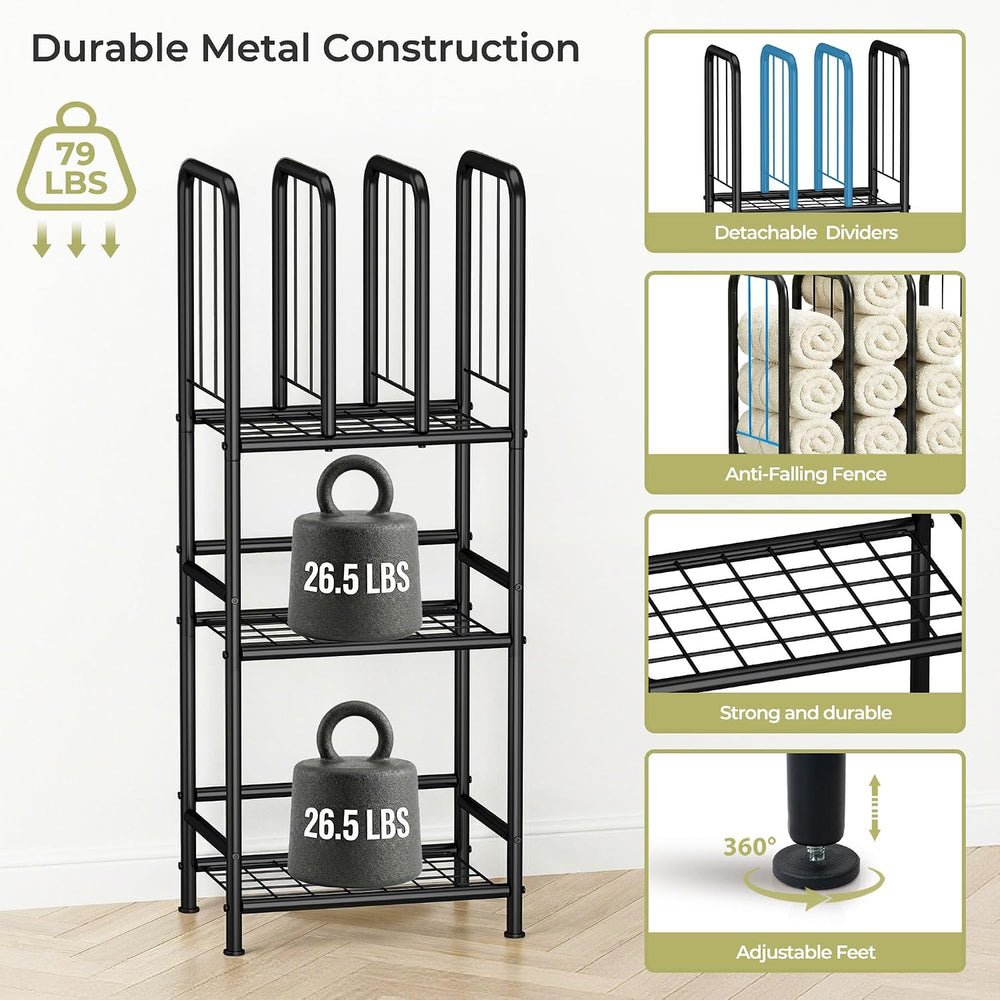 3-Tier Towel Storage for Bathroom, Freestanding Towel Rack with Dividers