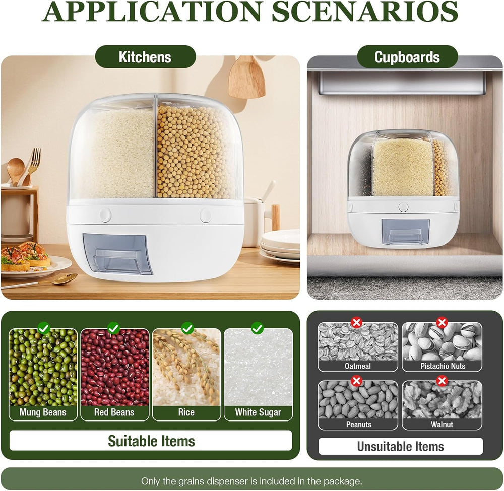 Grain Storage Container Dispenser 360° 6 Grids Rotating Food Dispenser Kitche...