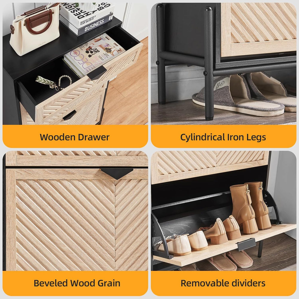 Shoe Cabinet with 2 Flip Drawers, Narrow Entryway Rack, Oak&Black