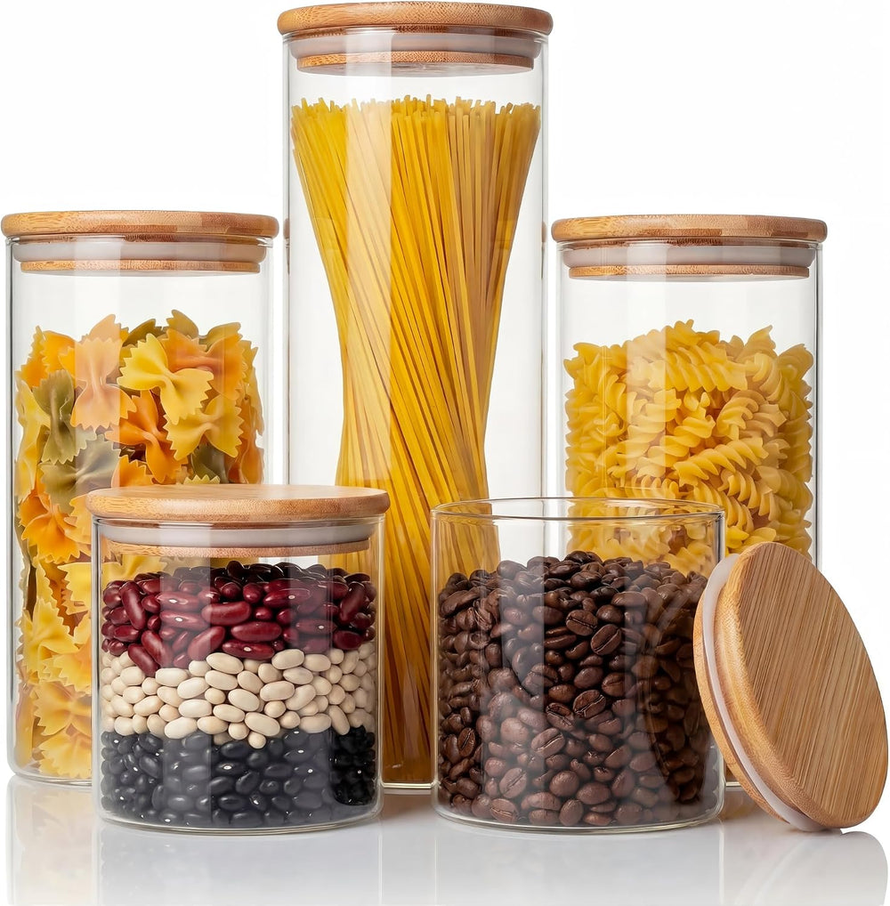 Round Glass Storage Containers with Bamboo Lids for Pasta & Flour, 5 Pack