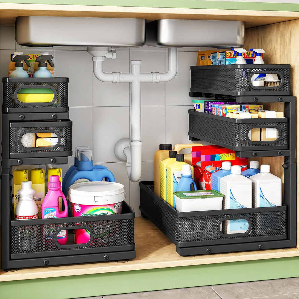 Kitstorack Under Sink Organizer, 2-Pack 3-Tier Height Adjustable Thickened Me...