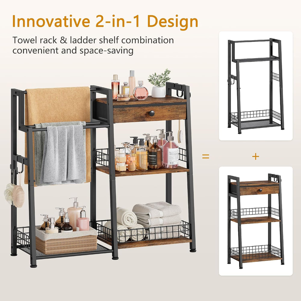 2-in-1 Bathroom Ladder Shelf with Towel Rack & Drawer,Rustic Brown