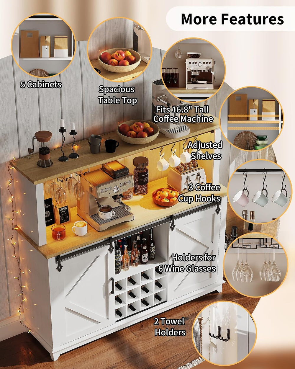 Garvee 55 in Coffee Bar Cabinet with Power Outlet & LED Light, Farmhouse ...