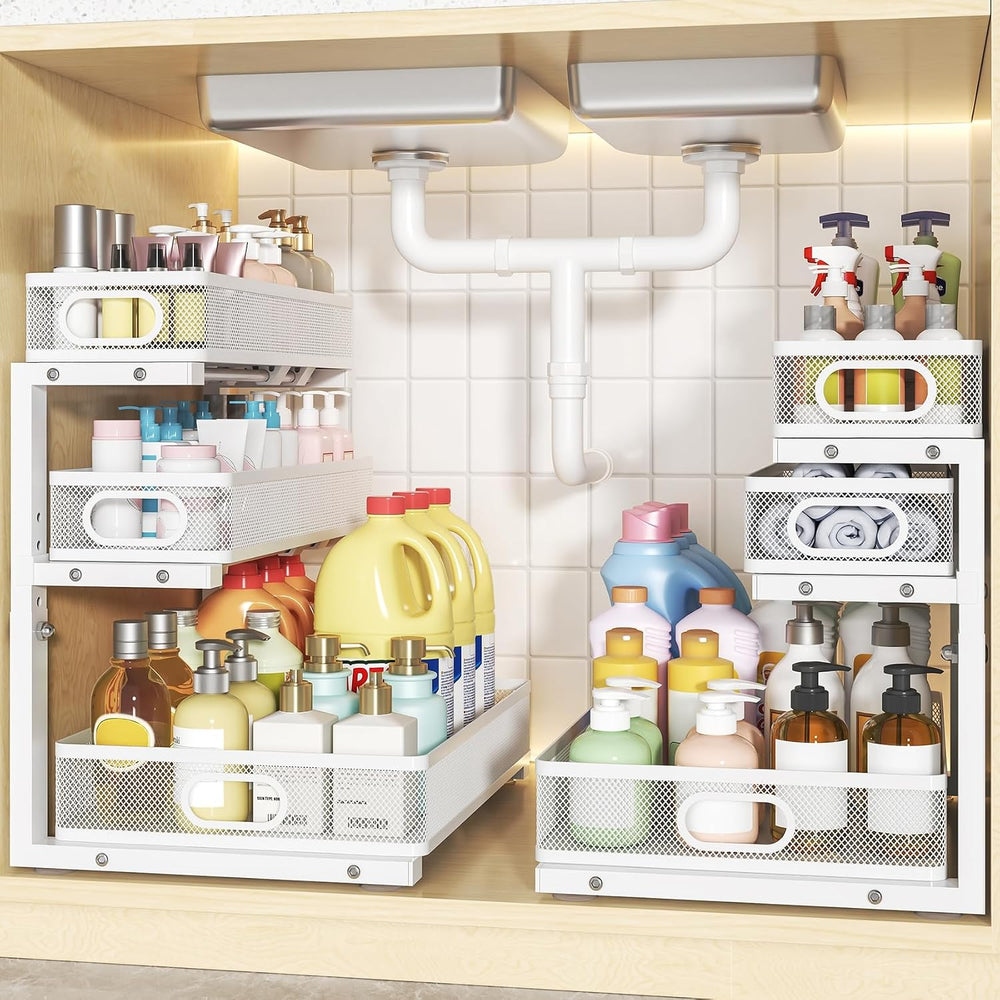 3-Tier Under Sink Organizer, Slide Out Drawer Rack, White, 2 Pack