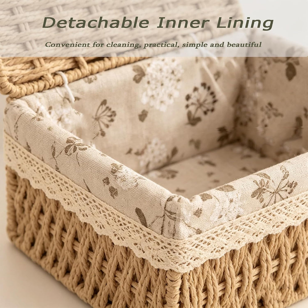 Wicker Storage Baskets with Lids, Set of 3 Nesting Natural Rattan Organizer B...
