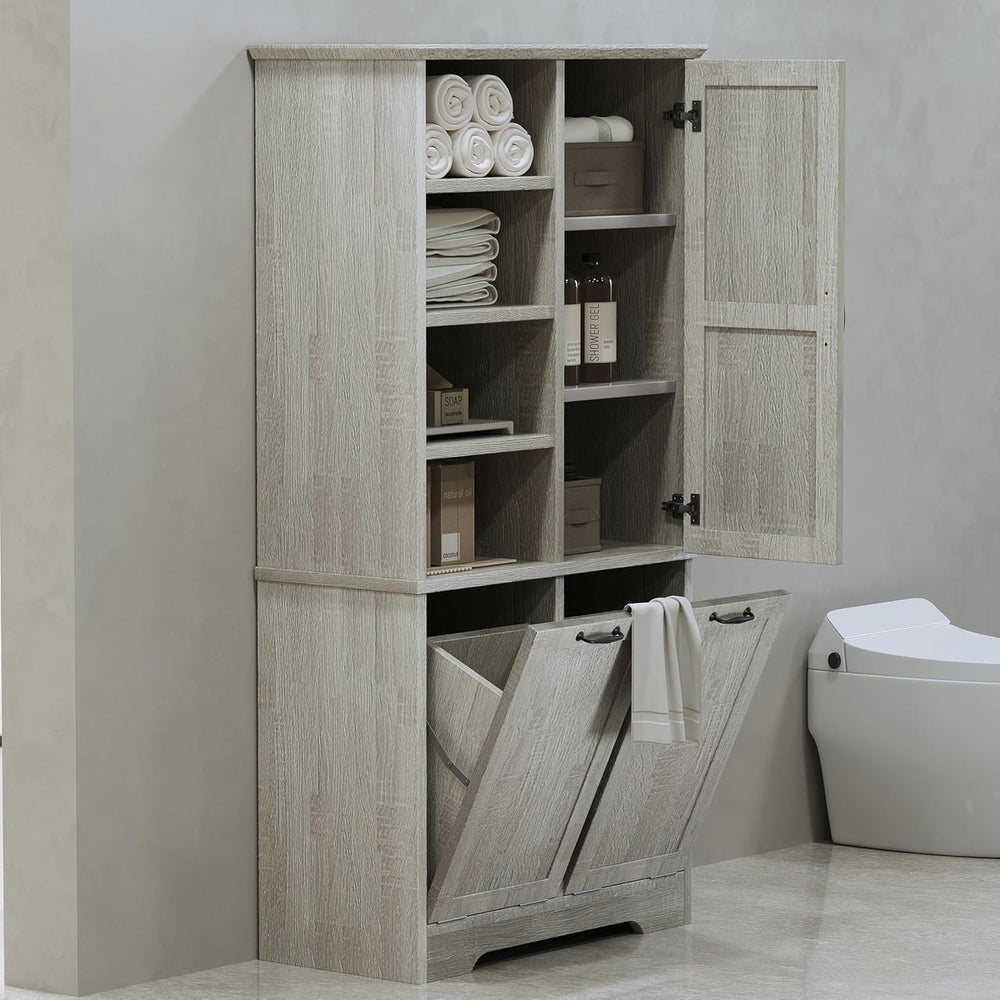 Merax Cabinet with Tilt-Out Laundry Hamper Basket, Tall Bathroom Storage Orga...