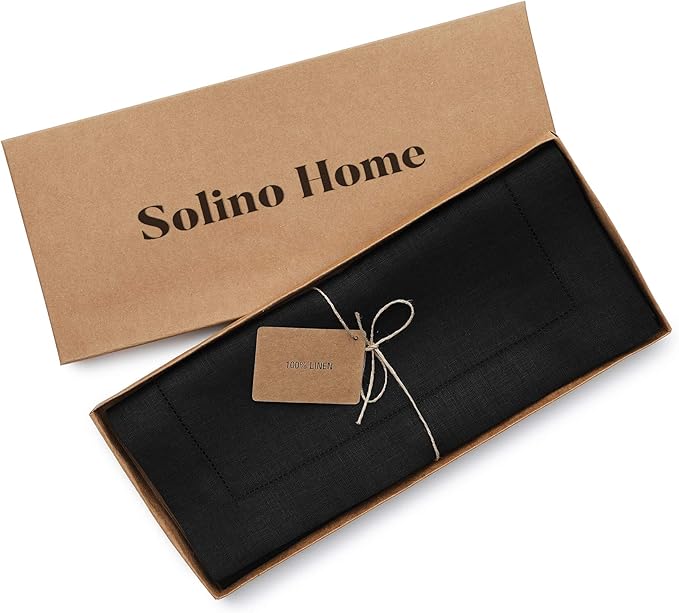 Solino Home Linen Black Table Runner 48 Inches - Classic Hemstitch, 100% Pure...