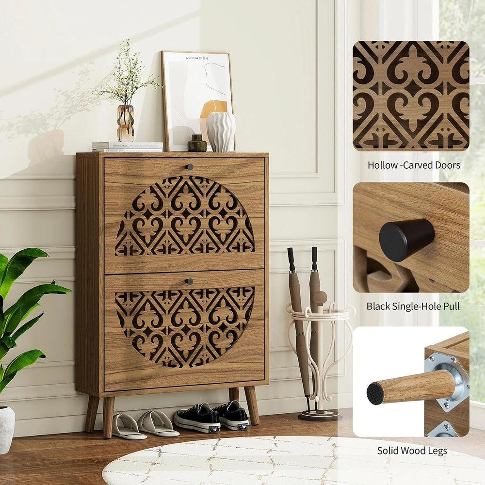 6.7"Ultra-Slim Concealed Shoe Storage Cabinet 2 Flip Drawers Walnut