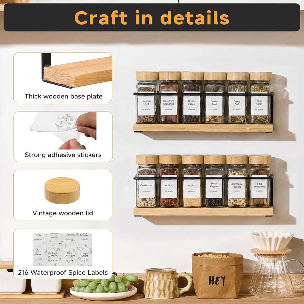 2-Tier Wall Mount Spice Rack Organizer with 12 Glass Jars, Screw/Adhesive Mou...